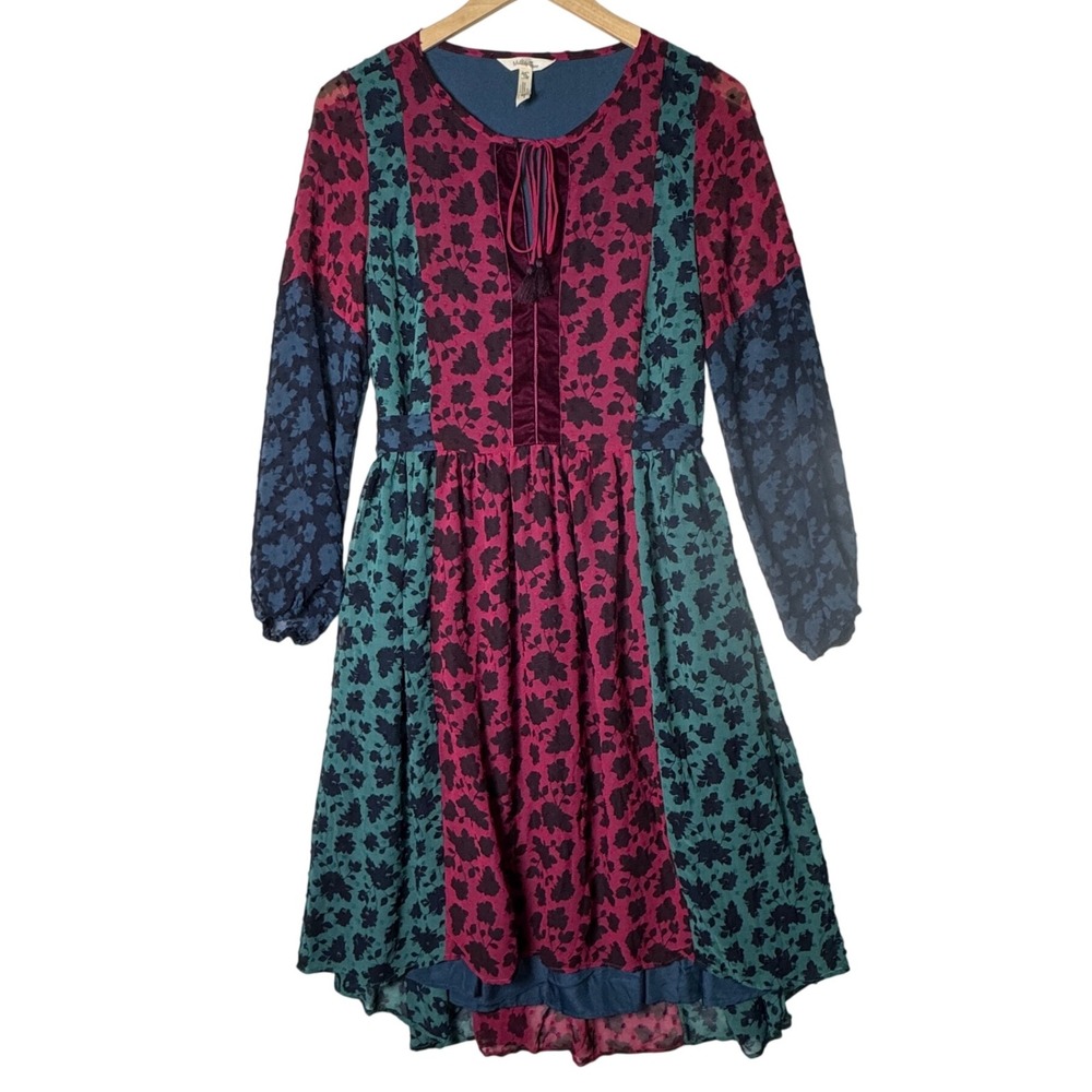 Matilda Jane Womens XS Floral Color Block Boho High Low‎ Dress Sheer Sleeve